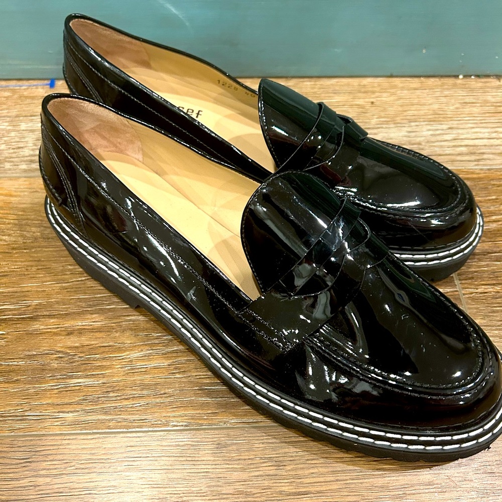 Jon Josef black patent penny loafers Womens